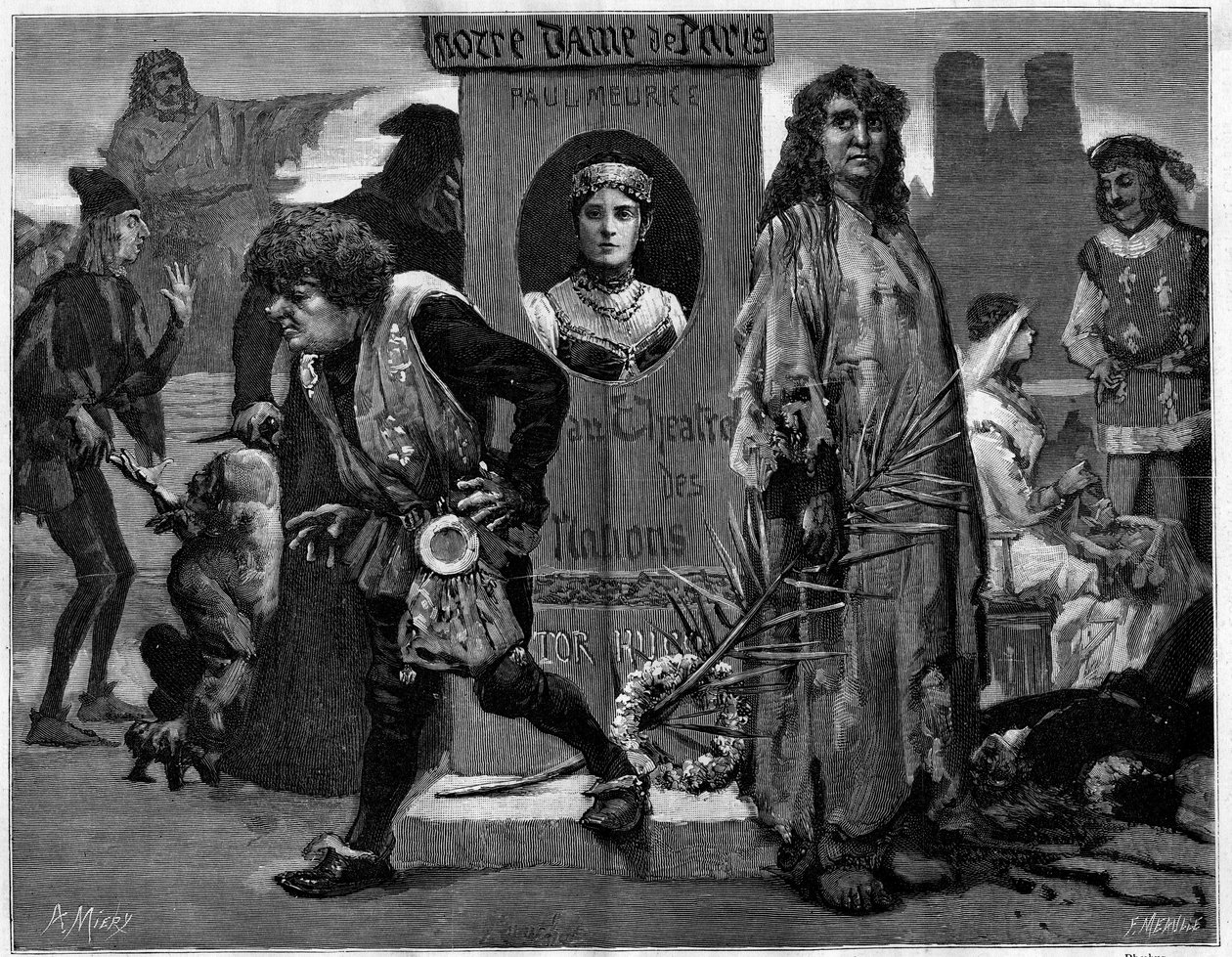 Gringoire, Quasimodo, La Esmeralda, La Sachette ja Phoebus. Päähenkilöt Theater des Nationsissa edustettuna Victor Hugon (1802-1885) Paul Meuricen (1912-1979) näytelmässä Notre Dame de Paris. Kaiverrus "" Le Monde illust tekijältä Unknown artist