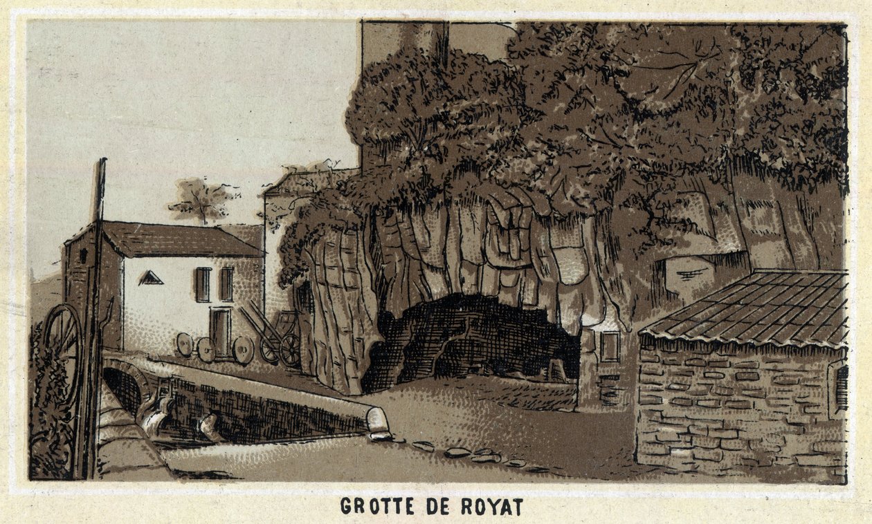 Grotte de Royat (Puy-de-Dome ja Auvergnen alue). 1800-luvun lopun kromolitografia. tekijältä Unknown artist