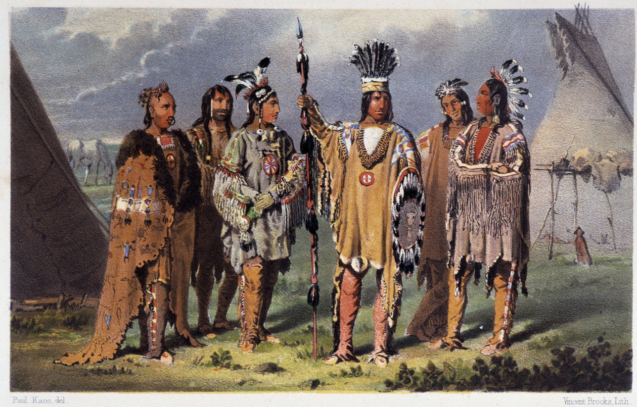 Kuuden intiaanipäällikön ryhmä - Paul Kanen, Longmans & Roberts, Lontoon teoksessa "Taiteilijan vaeltaminen Pohjois-Amerikan intiaanien joukossa" tekijältä Unknown artist