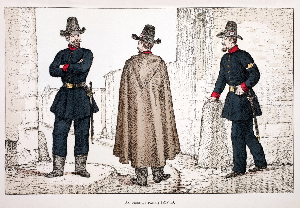 Rauhan vartijat (1848-1849). Etsaus väreillä, havainnollistava "" Rauhanturvaajien joukkojen historia"" -kirja, Louis Lepinen (1846-1933) Seinen poliisin prefektin suojeluksessa, Alfred Rey (1864-?) ja Louis Feron. tekijältä Unknown artist
