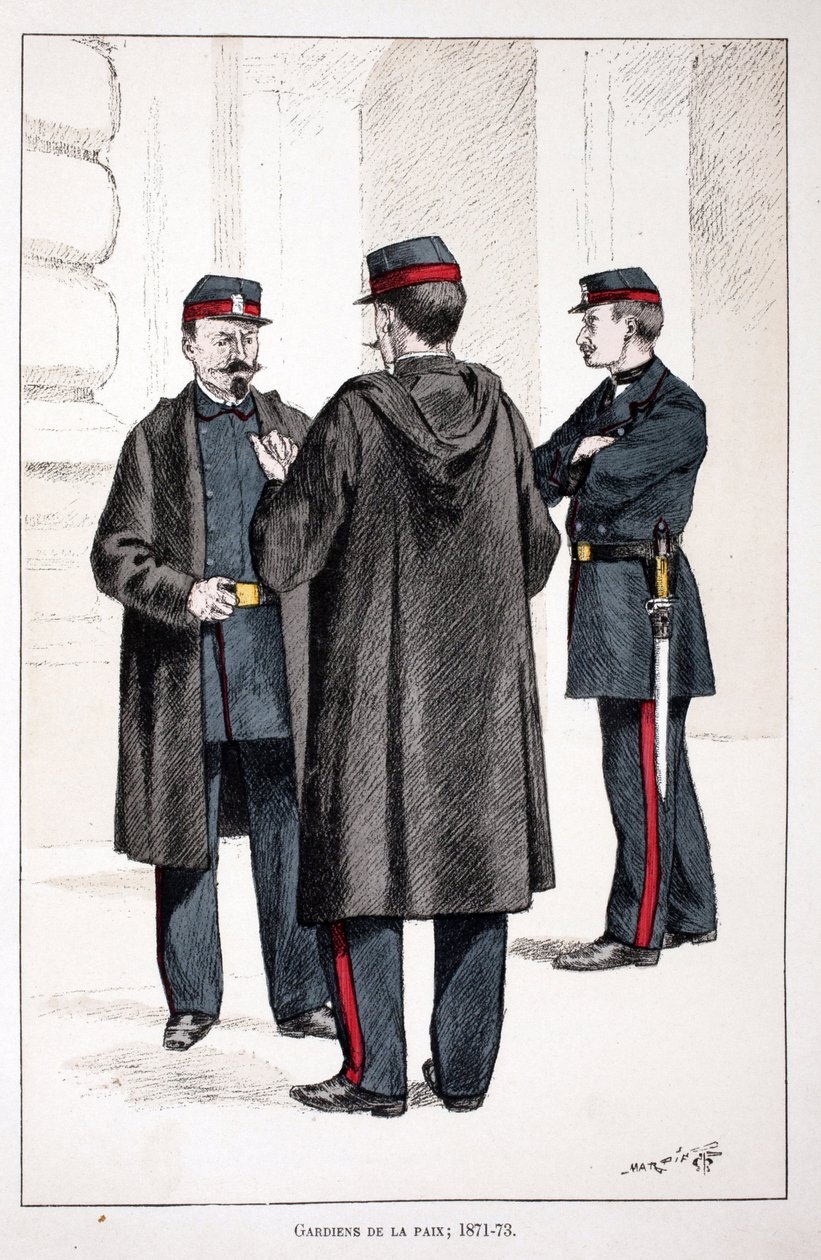 Rauhan vartijat (1871-1873). Etsaus väreillä, havainnollistava "" Rauhanturvaajien joukkojen historia"" -kirja, Louis Lepinen (1846-1933) Seinen poliisin prefektin suojeluksessa, Alfred Rey (1864-?) ja Louis Feron. tekijältä Unknown artist