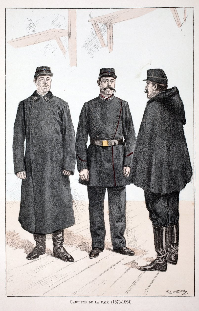 Rauhan vartijat (1873-1894). Etsaus väreillä, havainnollistava "" Rauhanturvaajien joukkojen historia"" -kirja, Louis Lepinen (1846-1933) Seinen poliisin prefektin suojeluksessa, Alfred Rey (1864-?) ja Louis Feron. tekijältä Unknown artist