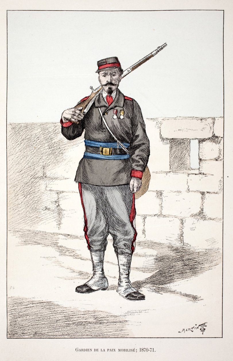 Guardians of the Peace mobilisoi (1870-1871). Etsaus väreillä, havainnollistava "" Rauhanturvaajien joukkojen historia"" -kirja, Louis Lepinen (1846-1933) Seinen poliisin prefektin suojeluksessa, Alfred Rey (1864-?) ja Lo. tekijältä Unknown artist