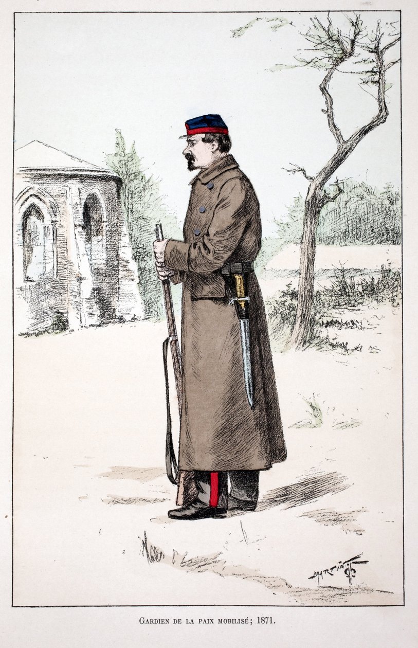 Guardians of the Peace mobilisoi (1871). Etsaus väreillä, havainnollistava "" Rauhanturvaajien joukkojen historia"" -kirja, Louis Lepinen (1846-1933) Seinen poliisin prefektin suojeluksessa, Alfred Rey (1864-?) ja Louis F. tekijältä Unknown artist