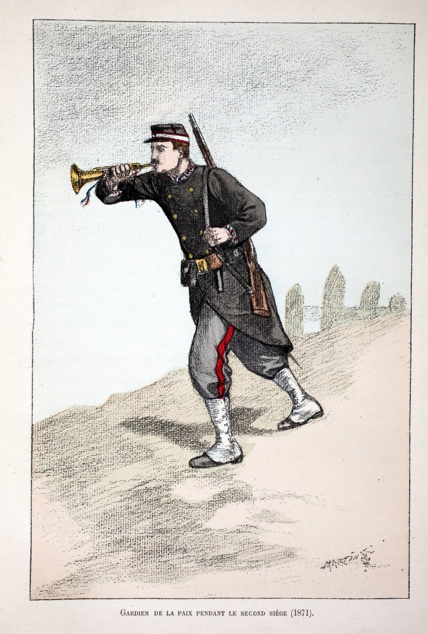 Rauhan vartijat Pariisin kommuunin toisen istuimen aikana (1871). Etsaus väreillä, kuvitteellisesti "History of the Corps of Peacekeepers"" -kirja, joka on julkaistu Louis Lepinen (1846-1933) Seinen poliisin prefektin alaisuudessa, tekijältä Unknown artist