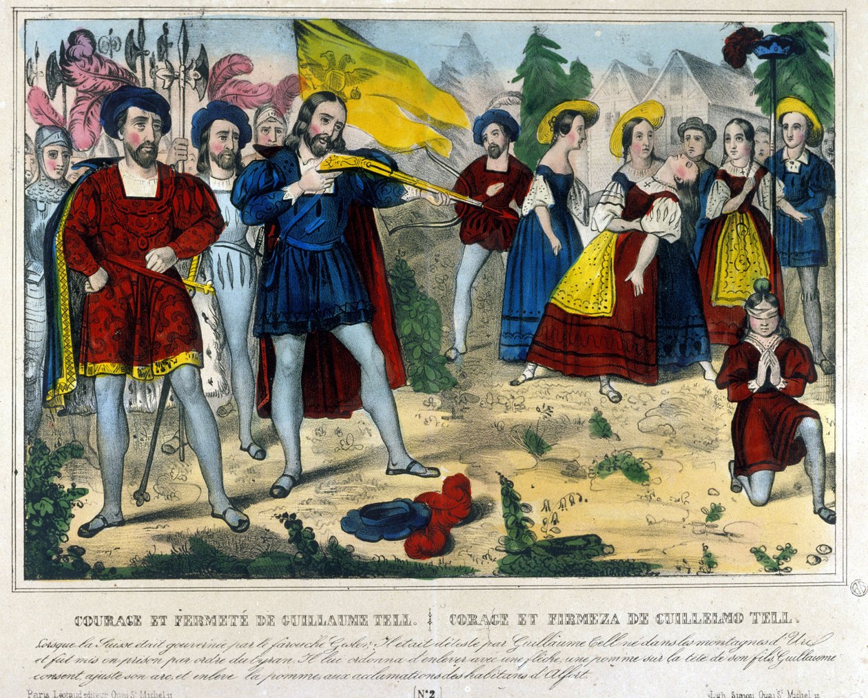Guillaume Tell (William Tell) (legendaarinen Sveitsin itsenäisyyden sankari). Barbaari Gesler pakottaa Guillaume Tellin poistamaan nuolella lapsensa päähän asetetun omenan. 1800-luvun kaiverrus tekijältä Unknown artist