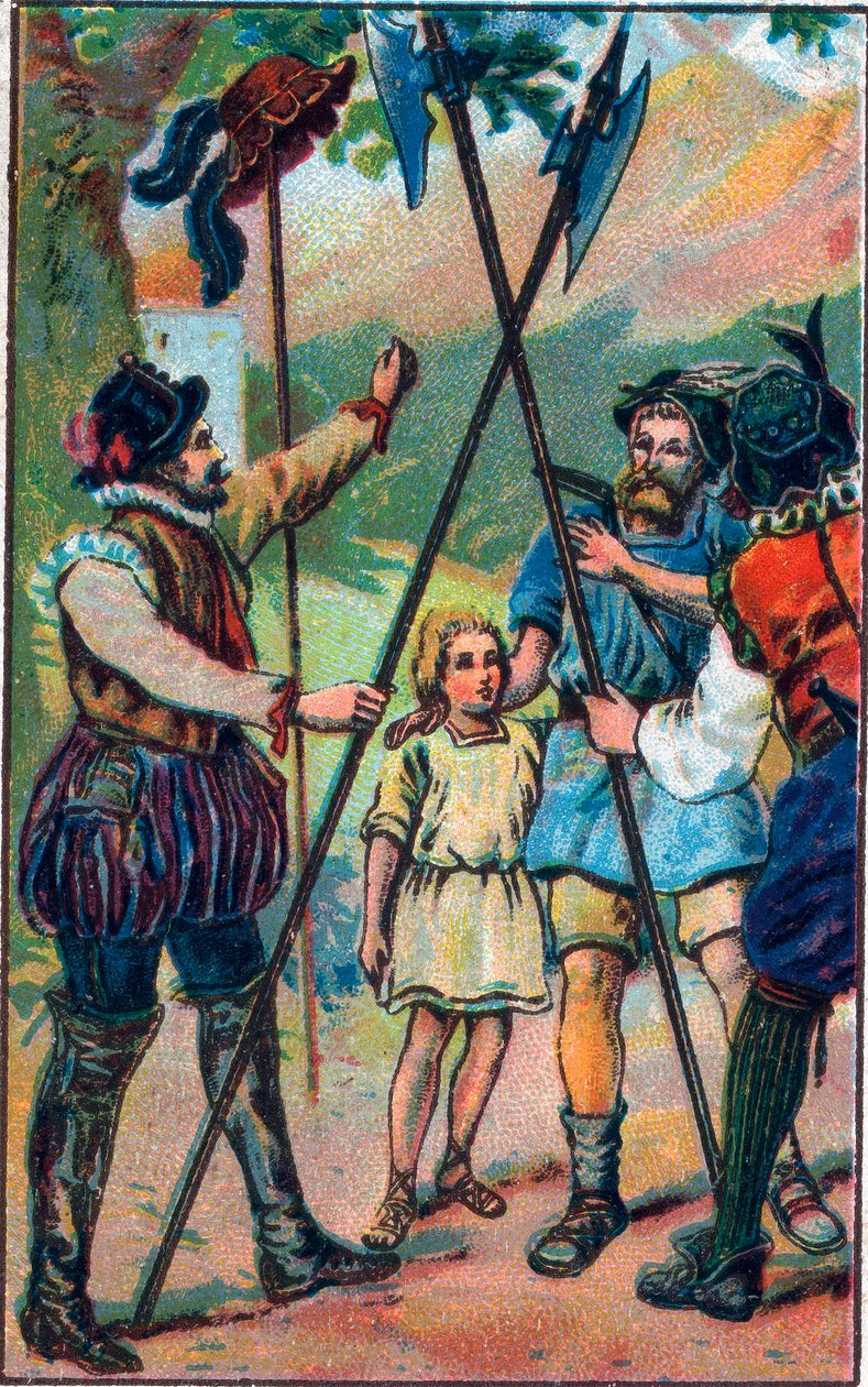 Guillaume Tell (William Tell) (legendaariset Sveitsin itsenäisyyden sankarit) kieltäytyi kumartamasta hattua. 1800-luvun lopun kromolitografia. tekijältä Unknown artist