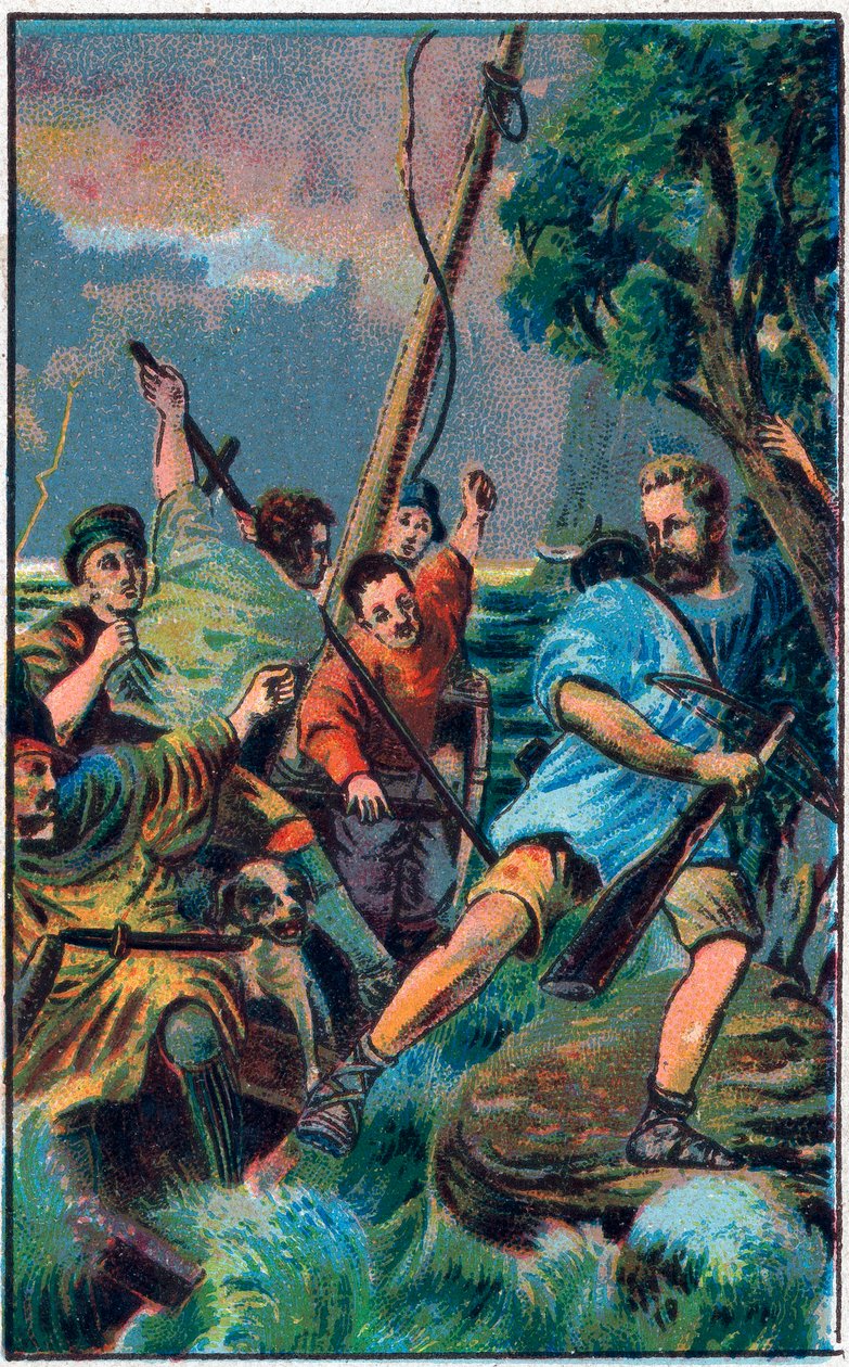 Guillaume Tell (William Tell) (legendaarinen Sveitsin itsenäisyyden sankari) pakenee Gesslerin veneestä. 1800-luvun lopun kromolitografia. tekijältä Unknown artist