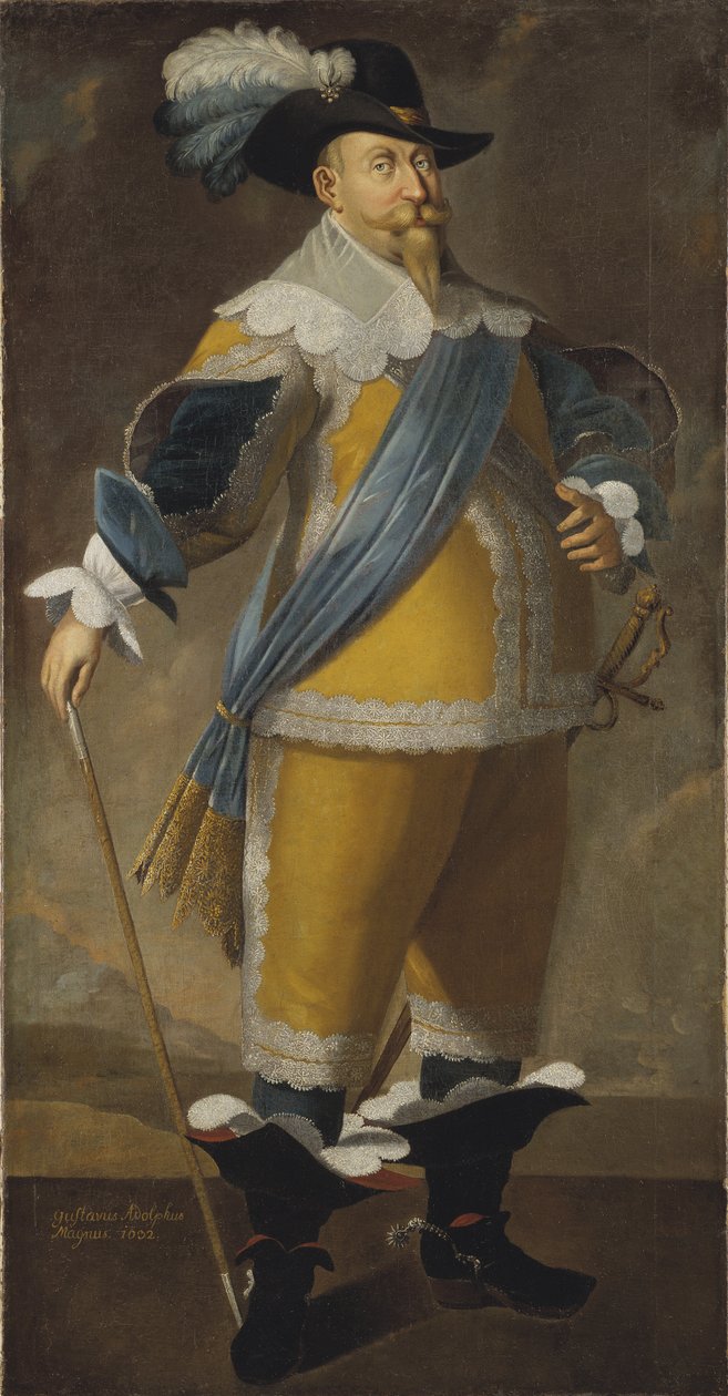 Gustave II Adolphe, dit le Grand ou le lion du Nord - Muotokuva Ruotsin kuninkaan Kustaa II Adolfista (1594-1632), Anonymous . Öljy kankaalle. Mitat: 204x103 cm. Tukholman kansallismuseo tekijältä Unknown artist