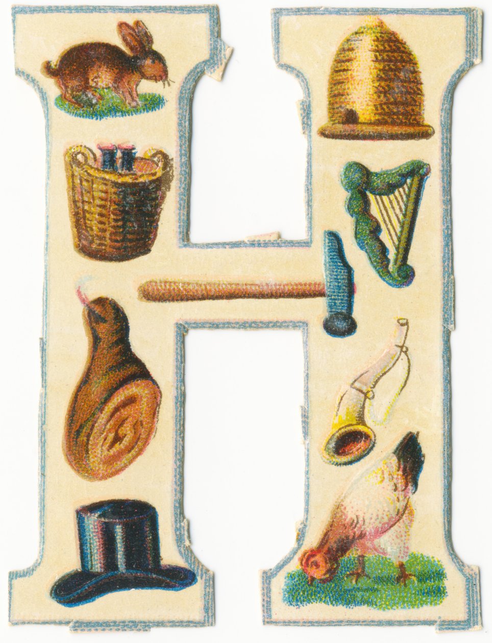 H: jänis, pesä, satokori, harppu, vasara, kinkku, sarvi, hattu, kana (väri litho) tekijältä Unknown artist