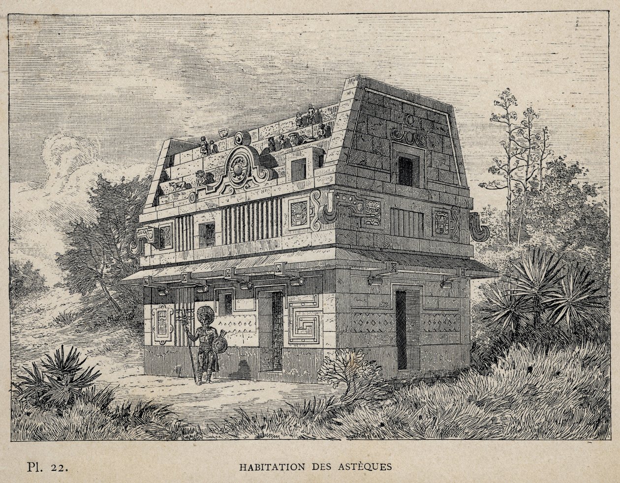 Habitation des Asteques (Atsteekit) (joku atsteekeista) - kaiverrus vuodelta 1889 Charles GARNIERin kirjoittamassa "Ihmisasumisen historia vuoden 1889 yleisnäyttelyssä - Librairie centrale des beaux-arts Paris 1889" tekijältä Unknown artist