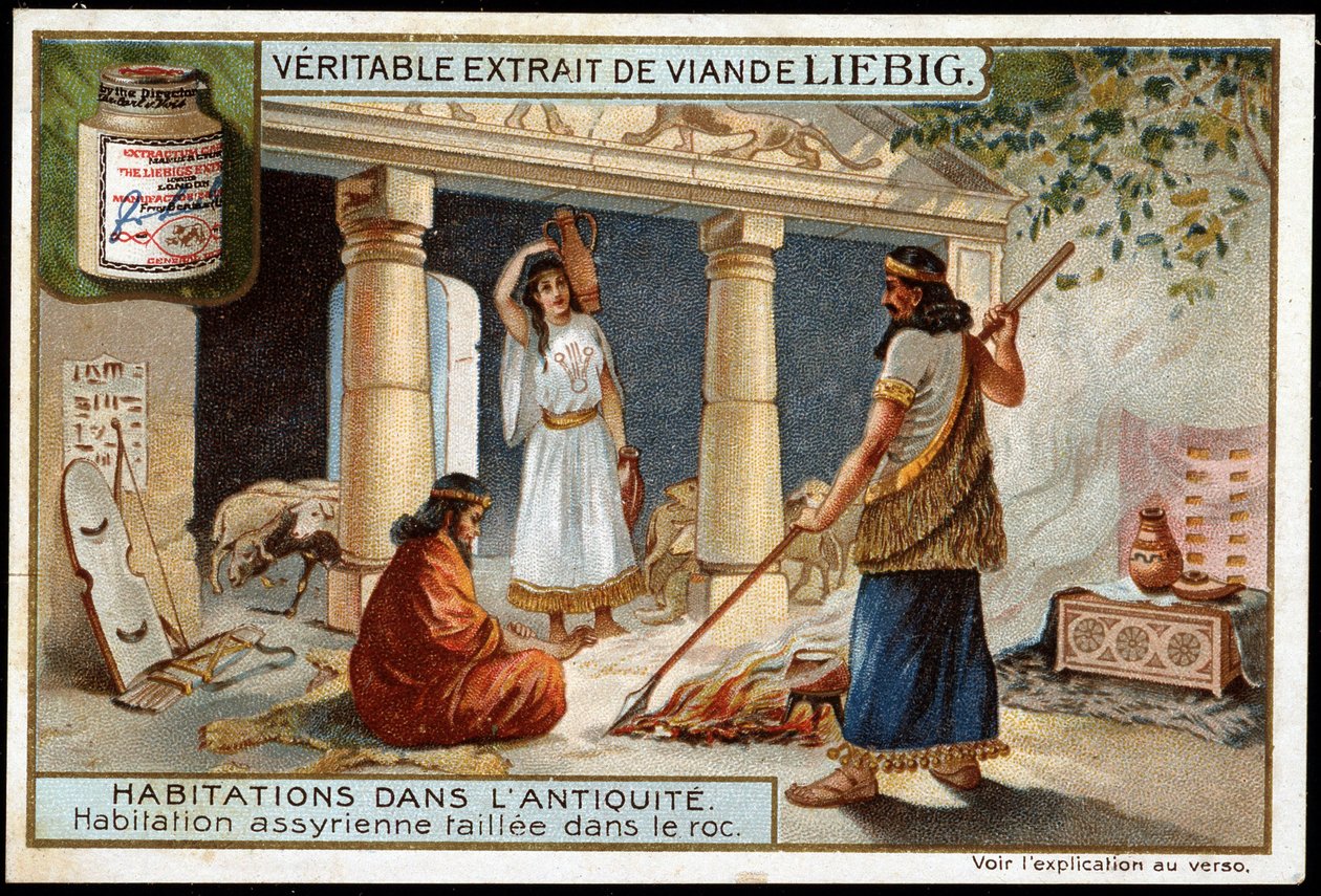 Antiikin asuinalueet: kallioon kaiverrettu assyrialainen asunto (Mesopotamia) - Liebig-kromolitografia tekijältä Unknown artist