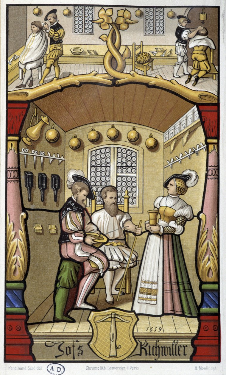 Kampaaja- ja parturikohtaukset - faksimile vuoden 1559 pienoismallista tekijältä Unknown artist