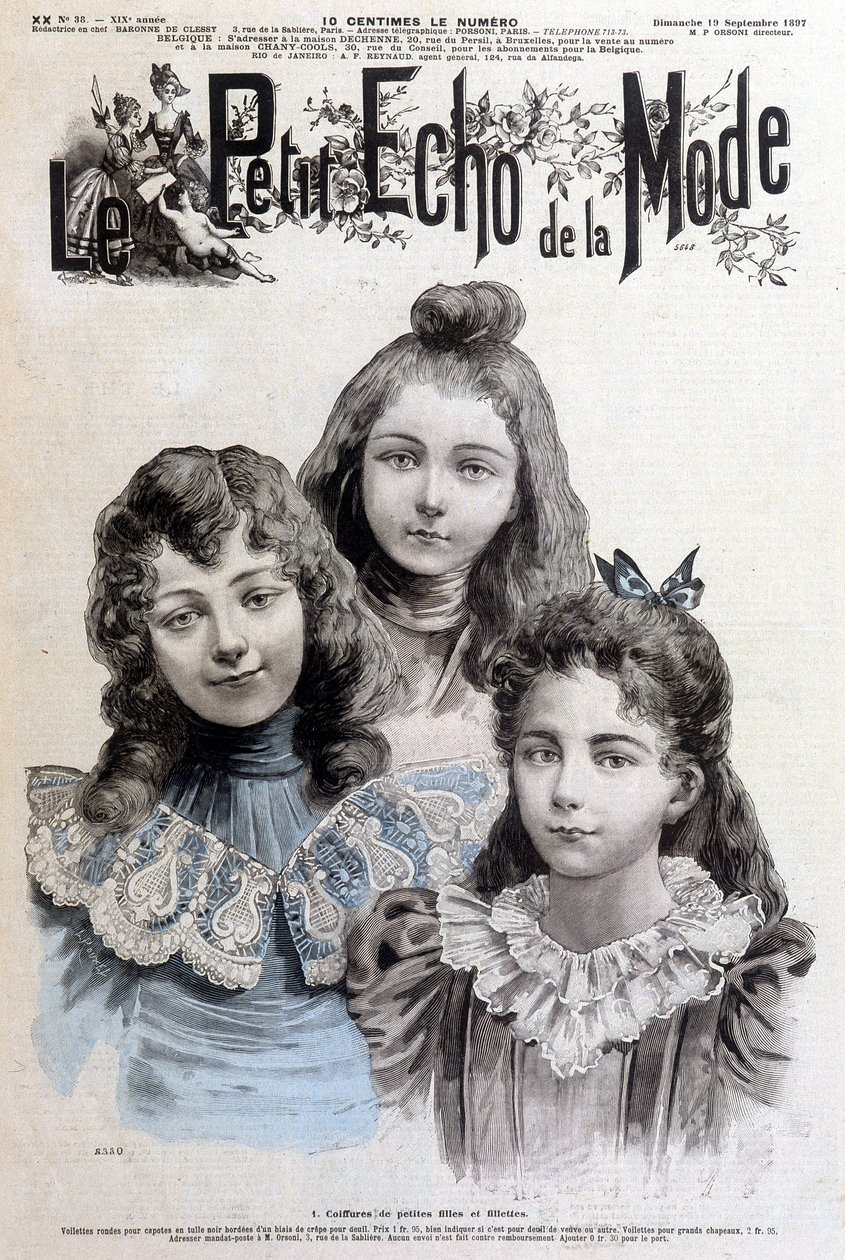 Hiustyylit tytöille ja tytöille - elokuvassa "" Le petit echo de la mode"" 19.9.1897 tekijältä Unknown artist