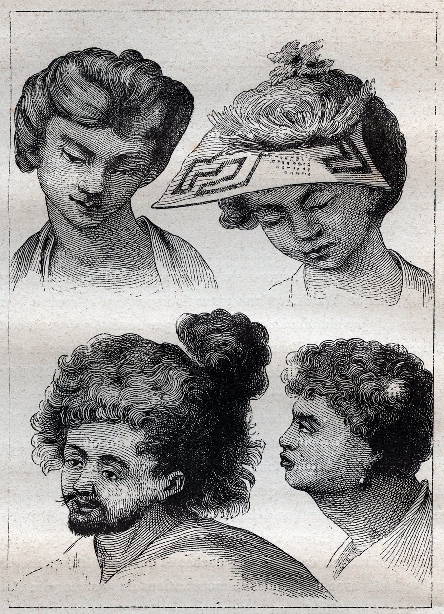 Taitin (Tahitin) asukkaiden hiustyylit - kuvitus "1700-luvun suurista merimiehistä" tekijältä Unknown artist