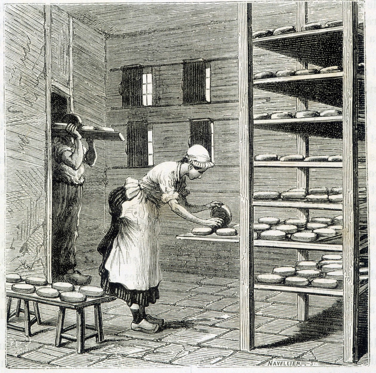Haloir (tai kuivausrumpu) camembert-juuston valmistukseen - Louis Figuierin teoksessa "Teollisuuden ihmeet" tekijältä Unknown artist