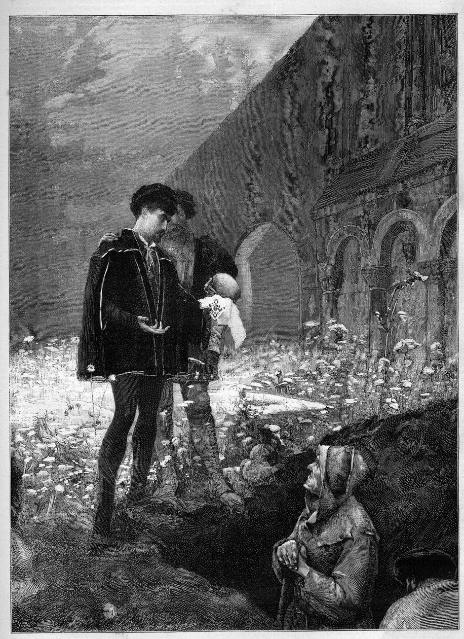 Hamlet hautausmaalla William Shakespearen samannimen näytelmän (1564-1616) jälkeen. Kaiverrus "" Le Monde Illustré" -kirjassa tekijältä Unknown artist