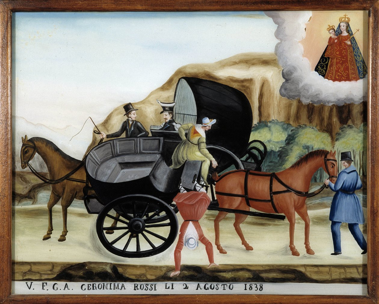 Riippuminen kahden vaunun välissä ja matkustajan putoaminen - maalaus lasille, ex-voto Notre Dame de Laghet tekijältä Unknown artist