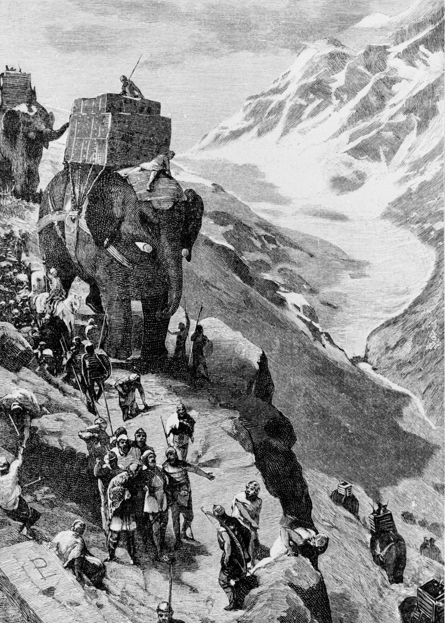 Hannibal ylittää Alpit norsujen kanssa saapuakseen Italiaan (II Puunian sota). Kaiverrus 1800-luvulta. tekijältä Unknown artist