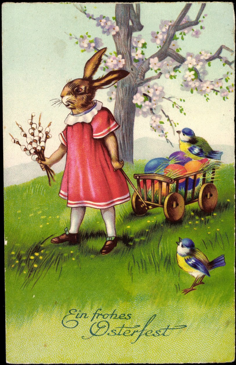 Hyvää pääsiäistä, pääsiäispupu vetää vaunuja, pääsiäismunia, varpusia tekijältä Unknown Artist