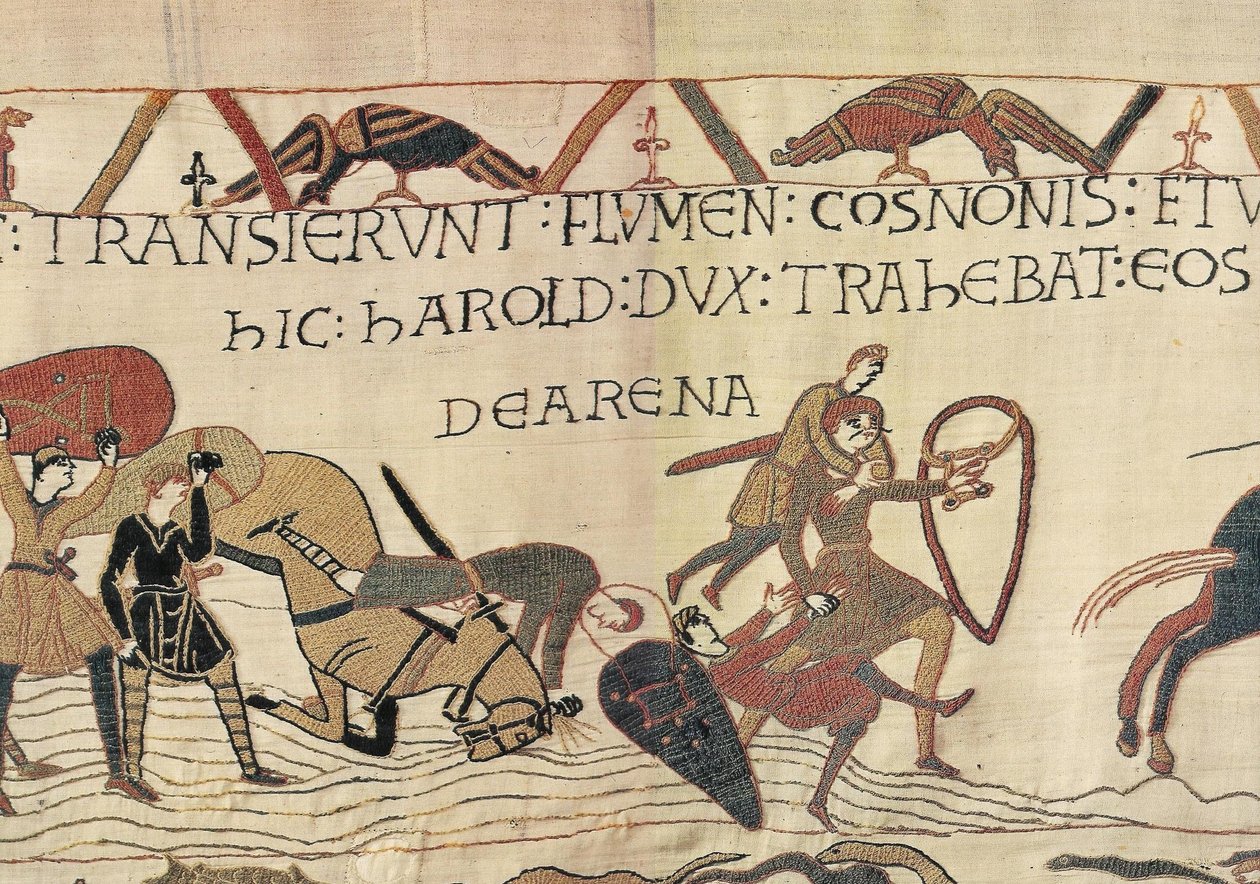 Harold vetää Norman Soldiersin Quicksandista, Bayeux Tapestry (villakirjonta pellavalle) tekijältä Unknown artist