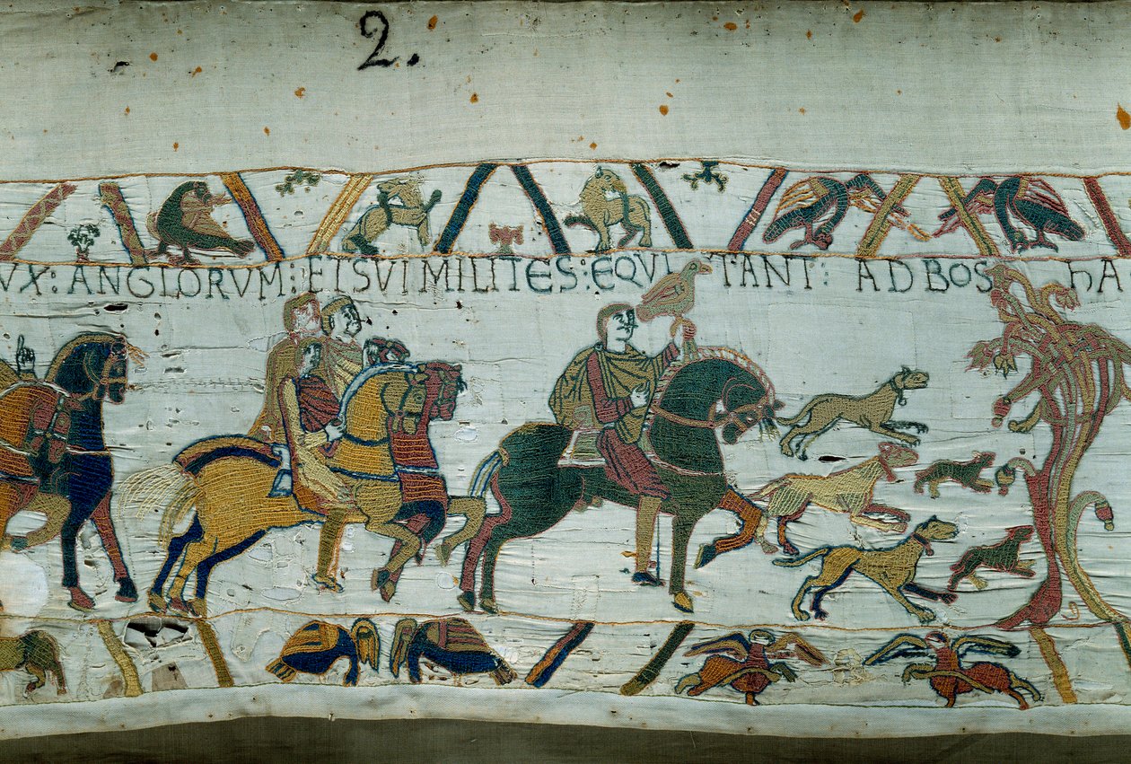 Haroldin, tulevan Englannin kuninkaan, kuningas Edward Risitoija lähetti ilmoittamaan William Valloittajalle (1027-1087), että hän olisi hänen seuraajansa Englannin kruunulle. Se menee rannikolle Detail Manche of Bayeux Tapestry tai Embroidery of Queen Mat tekijältä Unknown artist