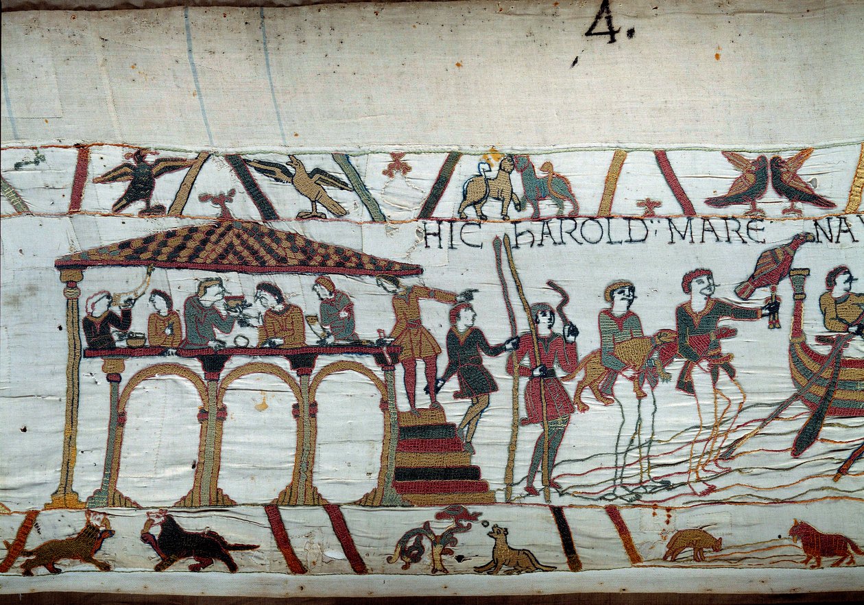 Englannin kuningas Edward Rippinantaja lähettää Haroldin Normandiaan ilmoittamaan herttua William Valloittajalle (1027-1087), että hänestä tulee hänen Englannin kruunun seuraajansa: viimeinen ateria maassa ennen nousemista Normandian kuvakudoksen yksityisk tekijältä Unknown artist