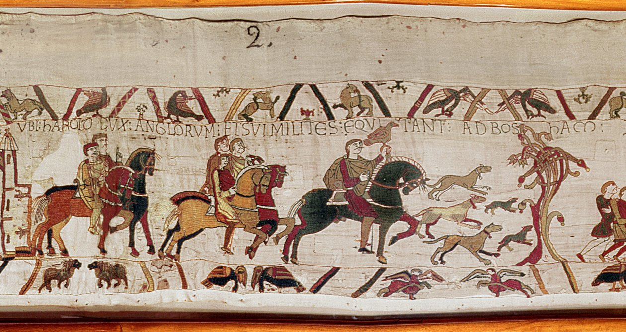 Edward The Confessor lähettää Haroldin miehineen Normandiaan, Bayeux Tapestry (villakirjonta pellavalle) tekijältä Unknown artist