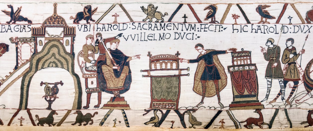 Harold vannoo pyhän valan Williamille Bayeux