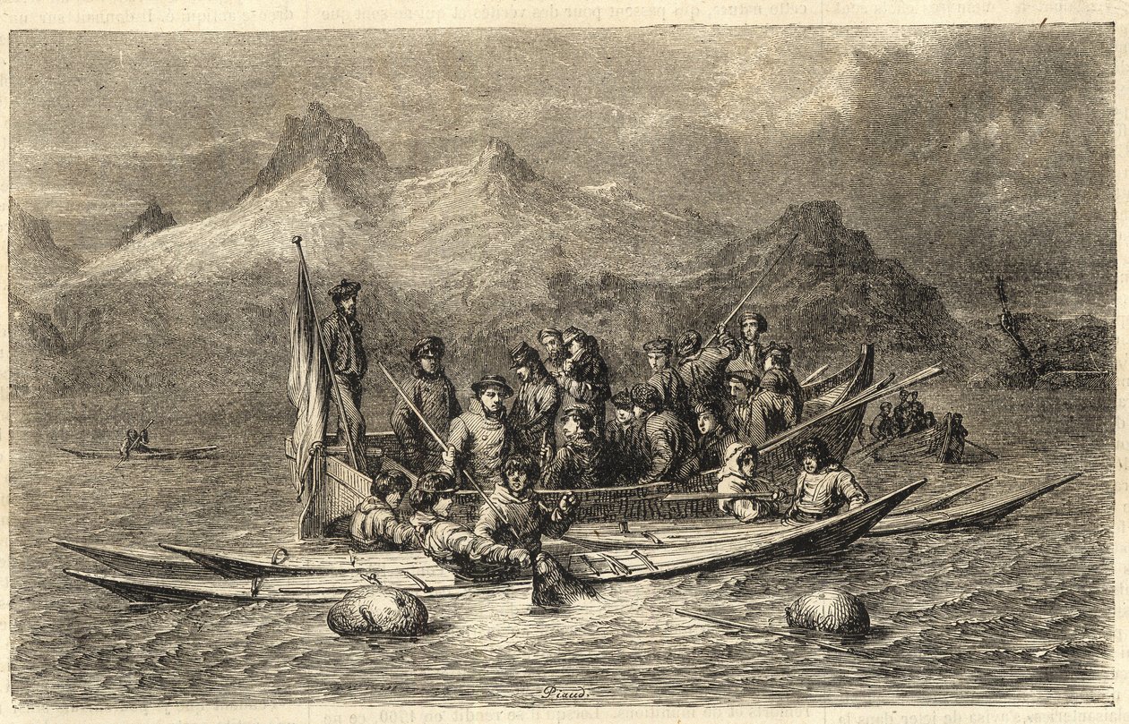 Harppuhylkeenmetsästys - Hylkeenmetsästys Grönlannissa - Kaiverrus kirjasta "" The Illustrous Universe"" 1866 tekijältä Unknown artist