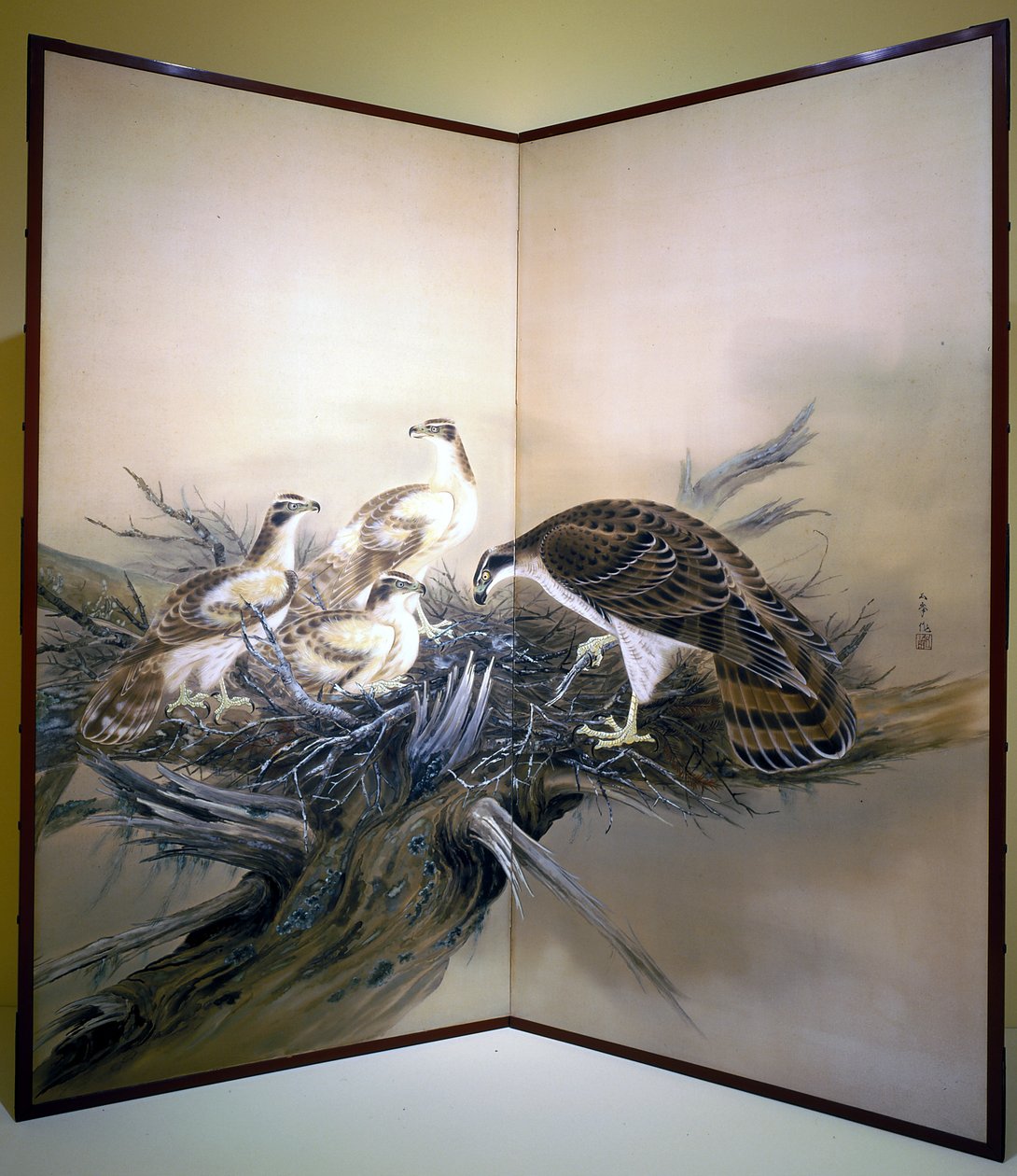 Hawks, Nest and Broken Tree (muste ja värit silkillä) tekijältä Unknown artist