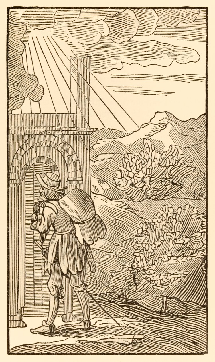 Sen, joka astuu sisään, on ensin seisomatta kolkuttamatta portilla… teoksesta Pyhiinvaeltajat etenevät tästä maailmasta, siihen, mikä on tuleva, John Bunyan (1628-1688) Pyhiinvaeltaja saavuttaa sisäänkäynnin tekijältä Unknown