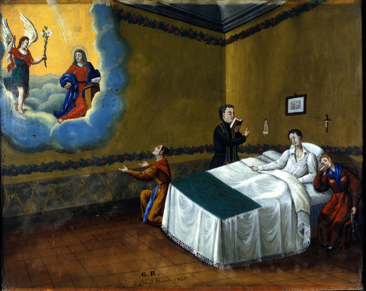 Sairaan ihmisen paraneminen. Ex voto vuodelta 1840 Maria delle Grazie di Monzan pyhäköstä. tekijältä Unknown artist