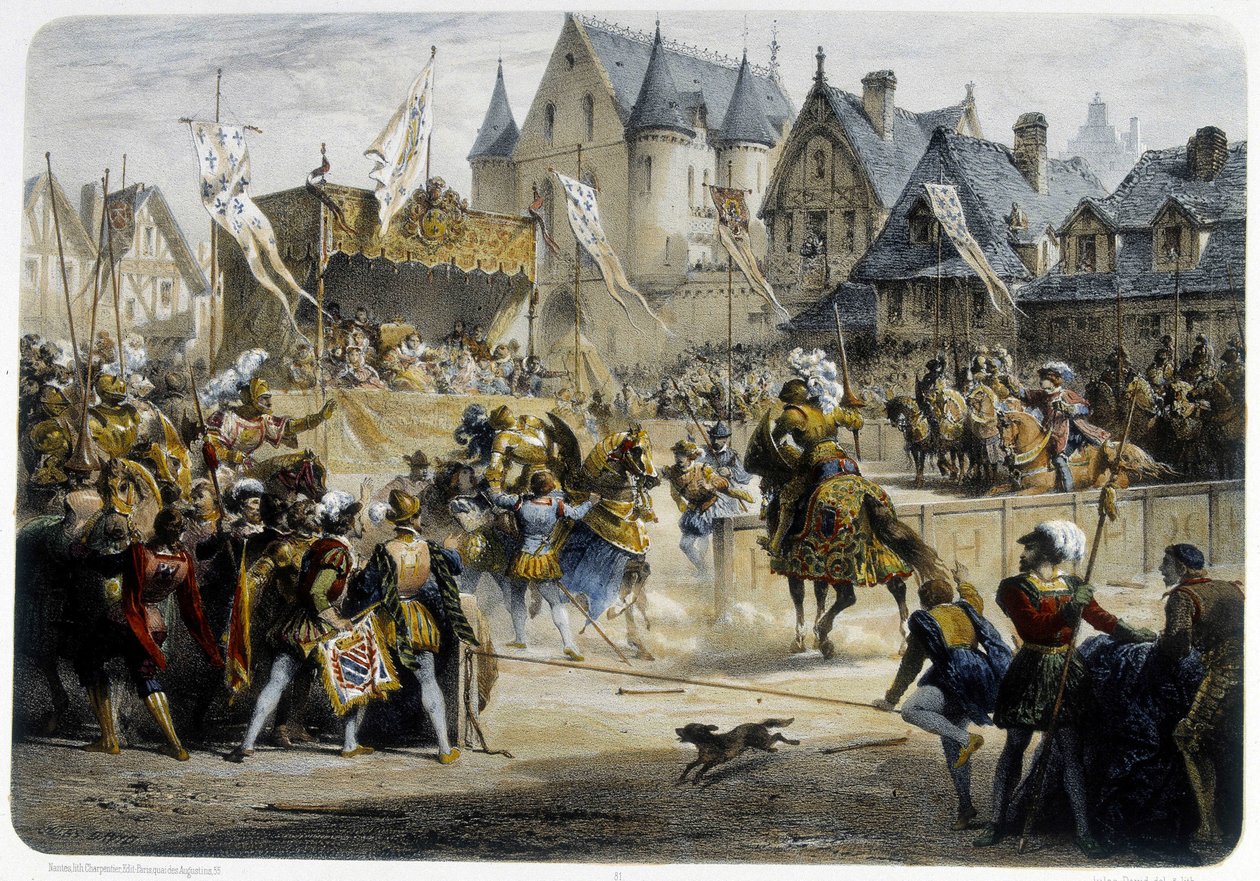 Henri II (1519 - 1559) haavoittui kuolemaan Montgomeryn toimesta turnauksessa 29. kesäkuuta 1559, rue St Antoine, Palais des Tournellesin edessä - litografia tekijältä Unknown artist