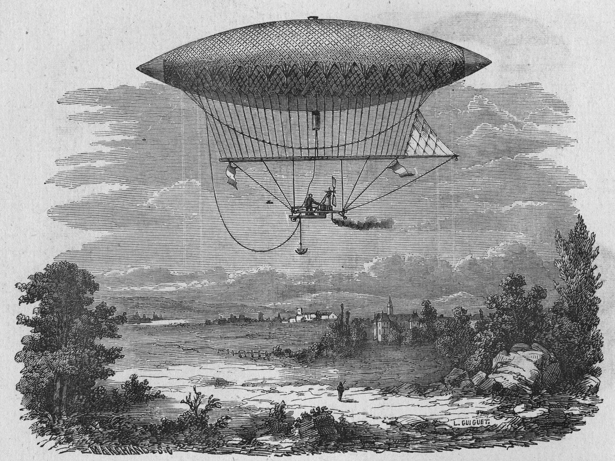 Henry Giffard testaa 44 metriä pitkää höyryaerostaattia. Julkaisussa "Album of Science", Editions Jouvet tekijältä Unknown artist