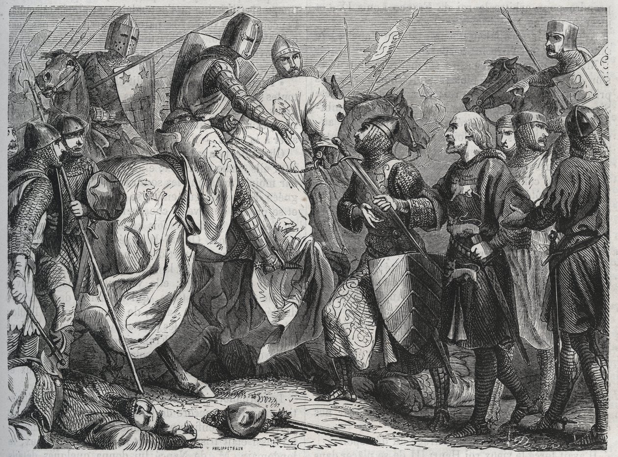 Simon V Montfortista (noin 1208-1265) vangitsi Henrik III:n (Englannin Henry III Plantagenet) (1207-1272) Lewesissä Sussexissa 1264 - kaiverrus 1864 tekijältä Unknown artist