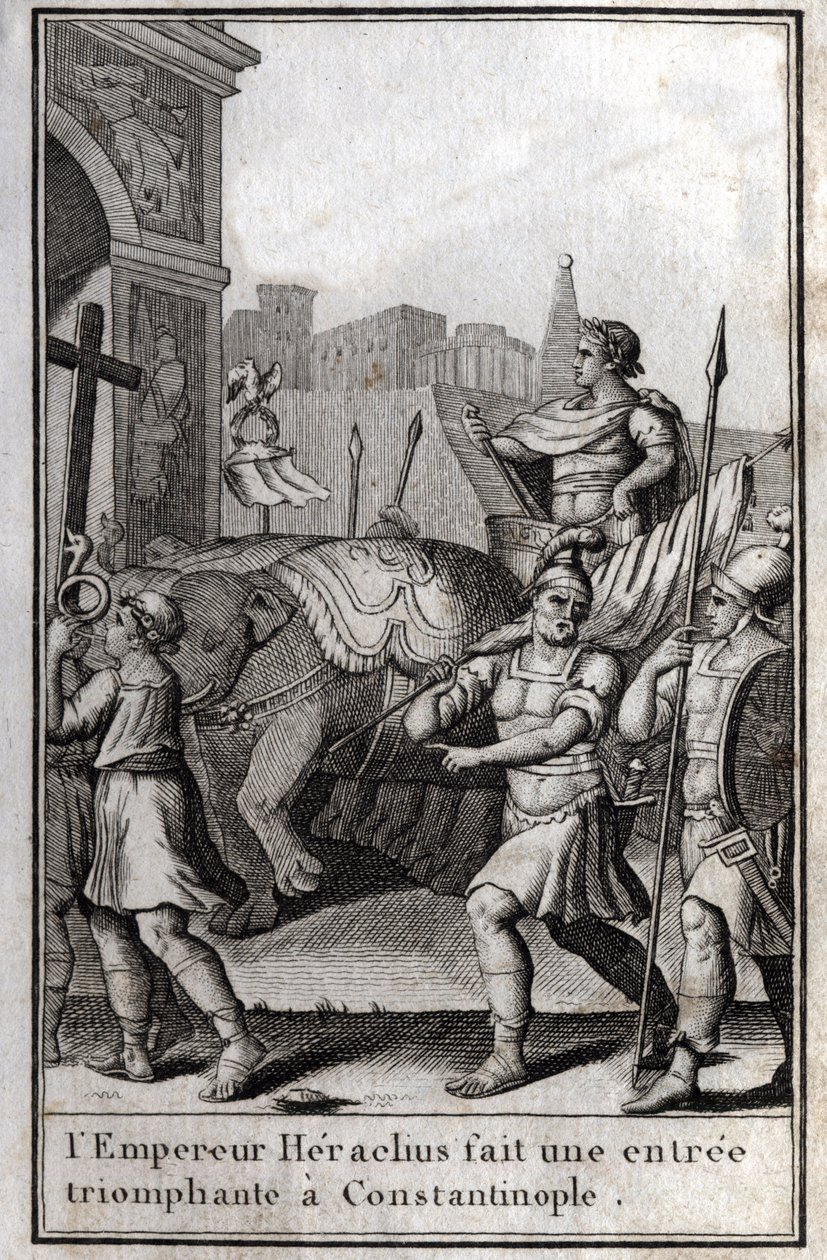 Herakleios I (Flavius Heraclius, Herakleios (noin 575-610/641), Bysantin keisari, teki voittoisan sisäänkäynnin Konstantinopoliin. Hän kiipesi neljän norsun saavuttamiin vaunuihin ja toi eteensä otetun tosi ristin (pyhän ristin). alkaen tekijältä Unknown artist