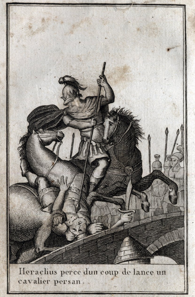 Heraklius I (Flavius Heraclius, Herakleios (noin 575-610/641), Bysantin keisari, keihäs Persialainen ratsumies (sota persialaisia vastaan), 7. vuosisata. Kaiverrus "Beaute de l