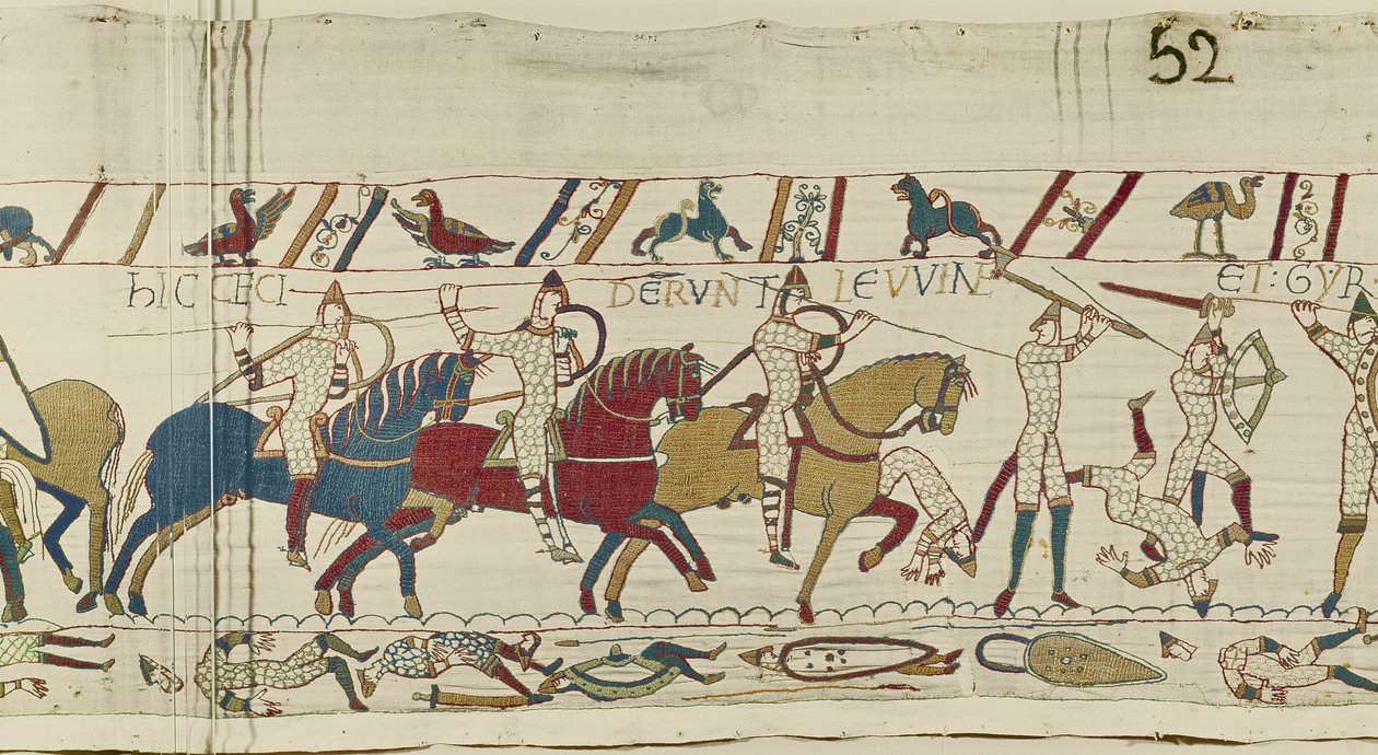 Tässä putosivat Haroldin veljet: Gyrth ja Leofwine, Bayeux Tapestry (villakirjonta pellavalle) tekijältä Unknown artist