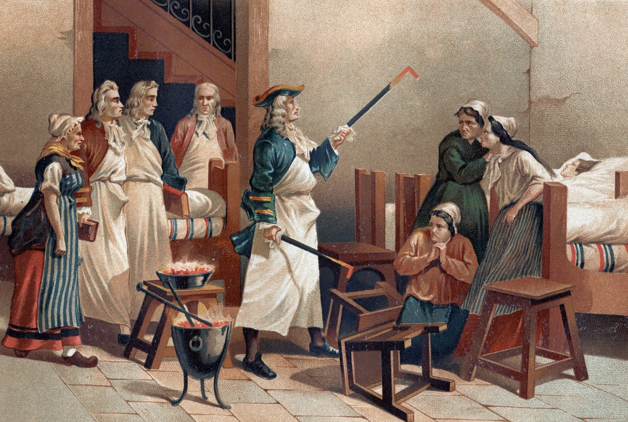 Hermann Leyde Boerhaave (1688-1738), hollantilainen lääkäri oppilaidensa kanssa Leyden sairaalan hysteeristen naisten edessä. "La Ciencia y sus Hombres par Louis Figuier" jälkeen. Barcelona 1881 tekijältä Unknown artist