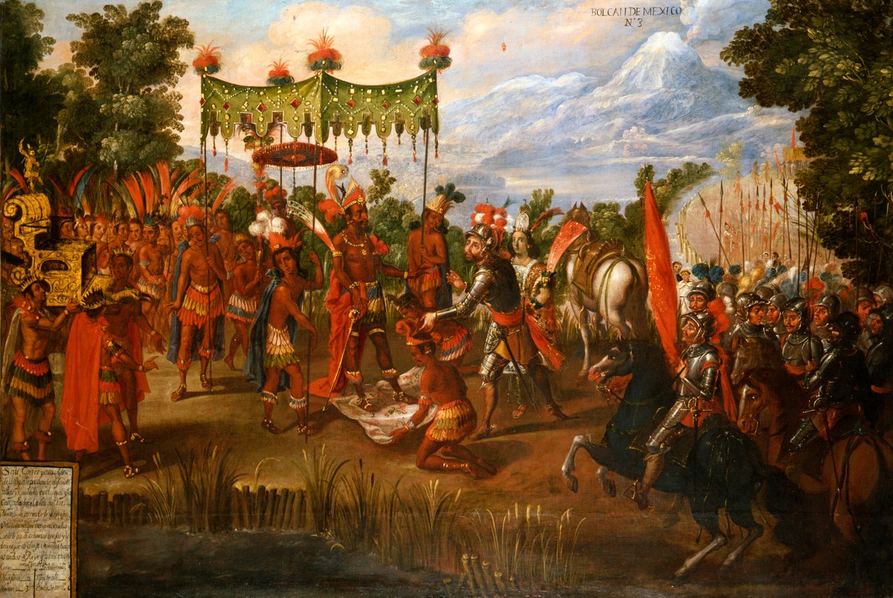 Hernan Cortes tapaa keisari Moctezuman tekijältä Unknown artist