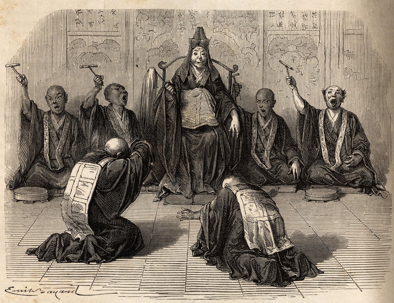 Buddhalainen ylipappi palvotaan, opetuslastensa ympäröimänä rituaalia gongilla ja symbaaleilla. Kaiverrus havainnollistamaan matkaa Japaniin vuosina 1863-1864, Sveitsin valaliiton ministeri Aime Humbert, "Le tour du monde, nouveau journal" tekijältä Unknown artist