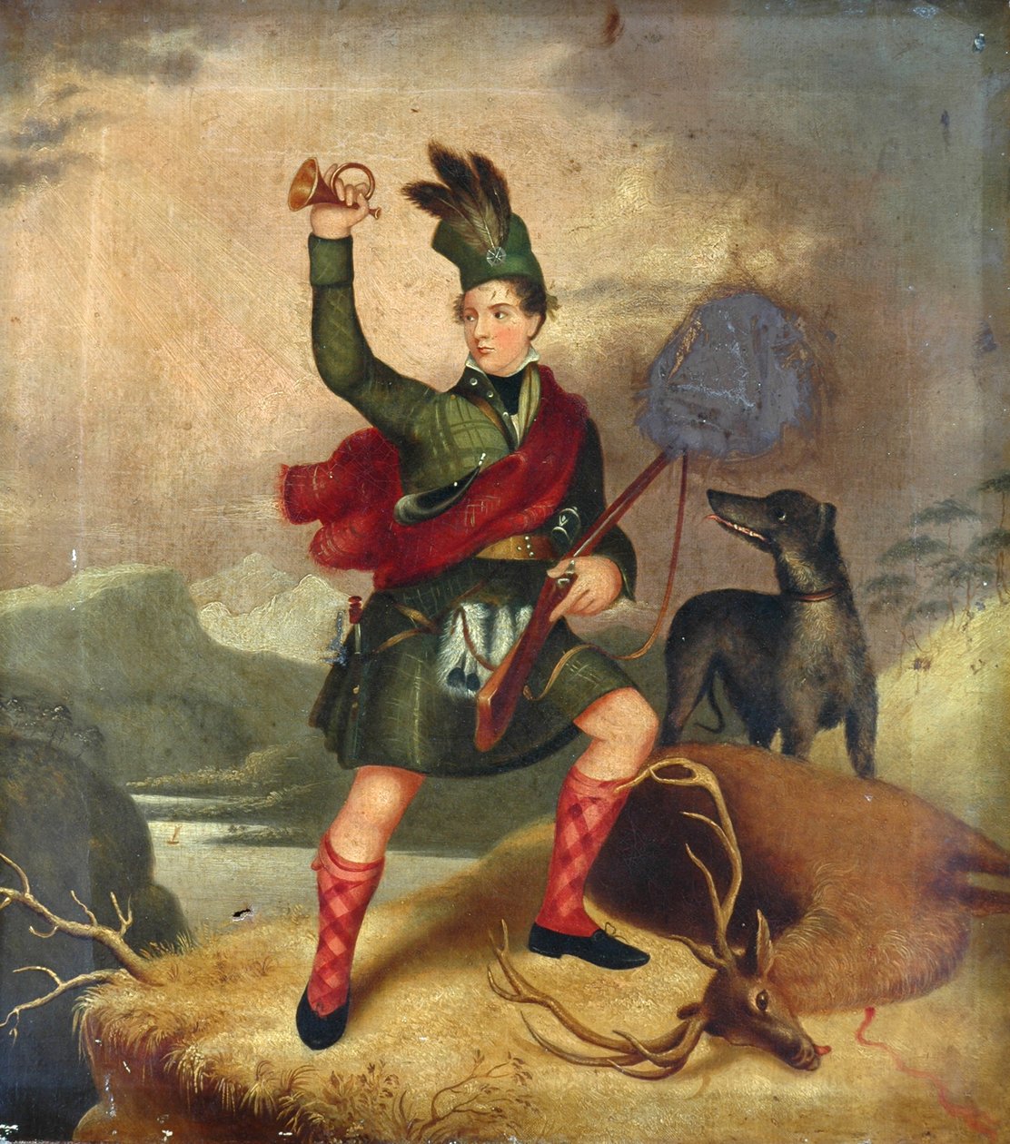 Highland Hunter koiran ja kuolleiden peuran kanssa, n. 1850 tekijältä Unknown