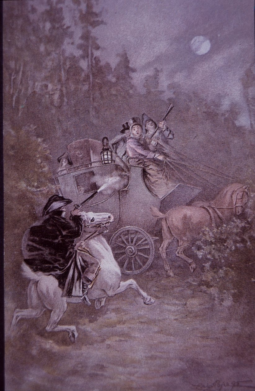 Highwayman pitää postivaunua pystyssä 1800-luvun alussa (värilitho) tekijältä Unknown artist