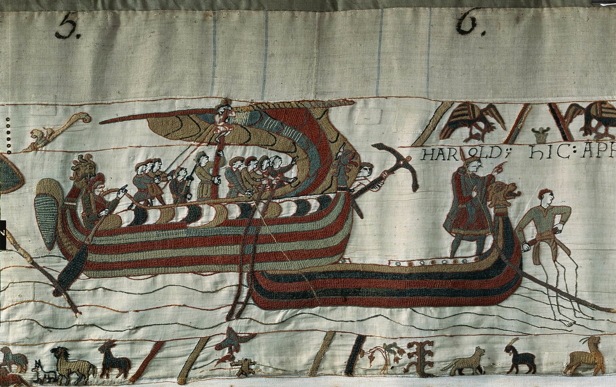 Myrskyn kaappaama Harold II:n (1022 - 1066) (drakkar) laiva jäi jumiin Ponthieun rannikolle – Bayeux Tapestry, joka tunnetaan nimellä Embroidery of Queen Mathilde tekijältä Unknown artist