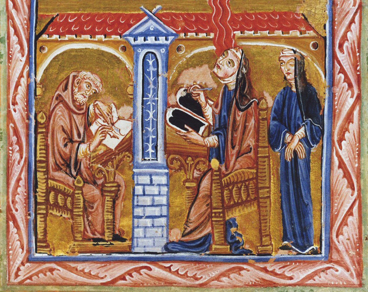 Hildegard of Bingen saa näyn sihteerinsä Volmarin ja hänen uskotunsa Richardisin läsnä ollessa tekijältä Unknown artist