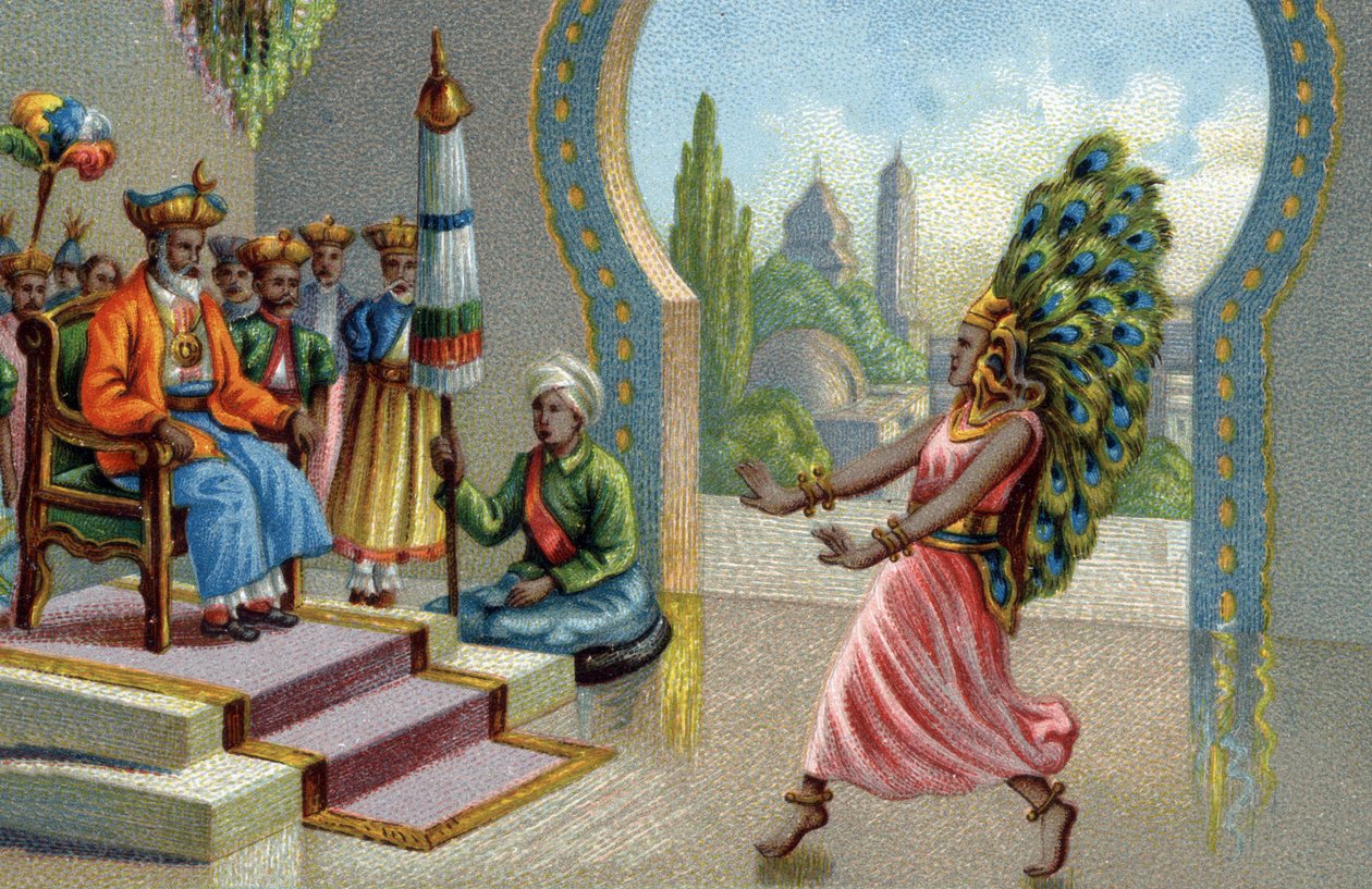 Hindutanssija koristeltu riikinkukon höyhenillä: asukkaat koristelevat itsensä riikinkukon höyhenillä tai tekevät tapahtumapäitä. 1800-luvun kromolitografia tekijältä Unknown artist