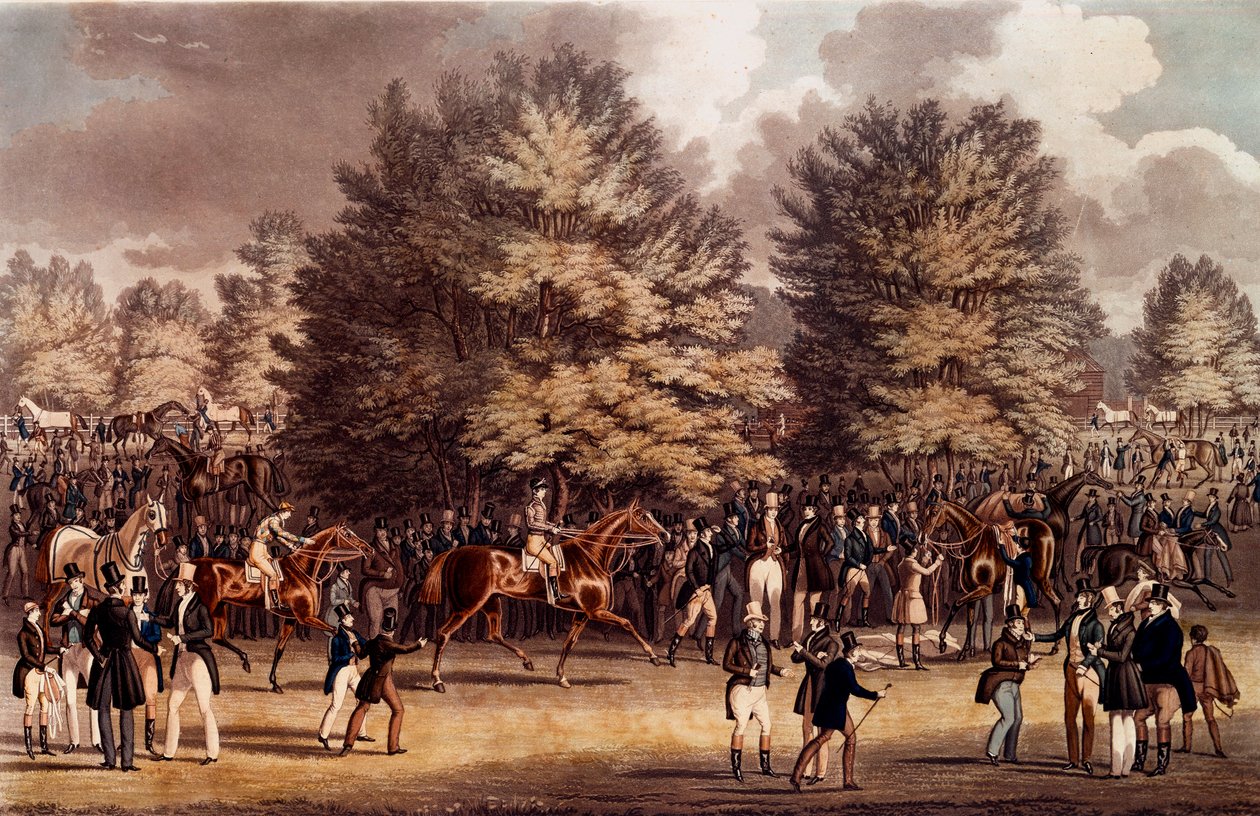 Hippismi: valmistautuminen ennen kilpailua Epsemissä, Englannissa. Litografia vuodelta 1836 Yksityinen kokoelma tekijältä Unknown artist