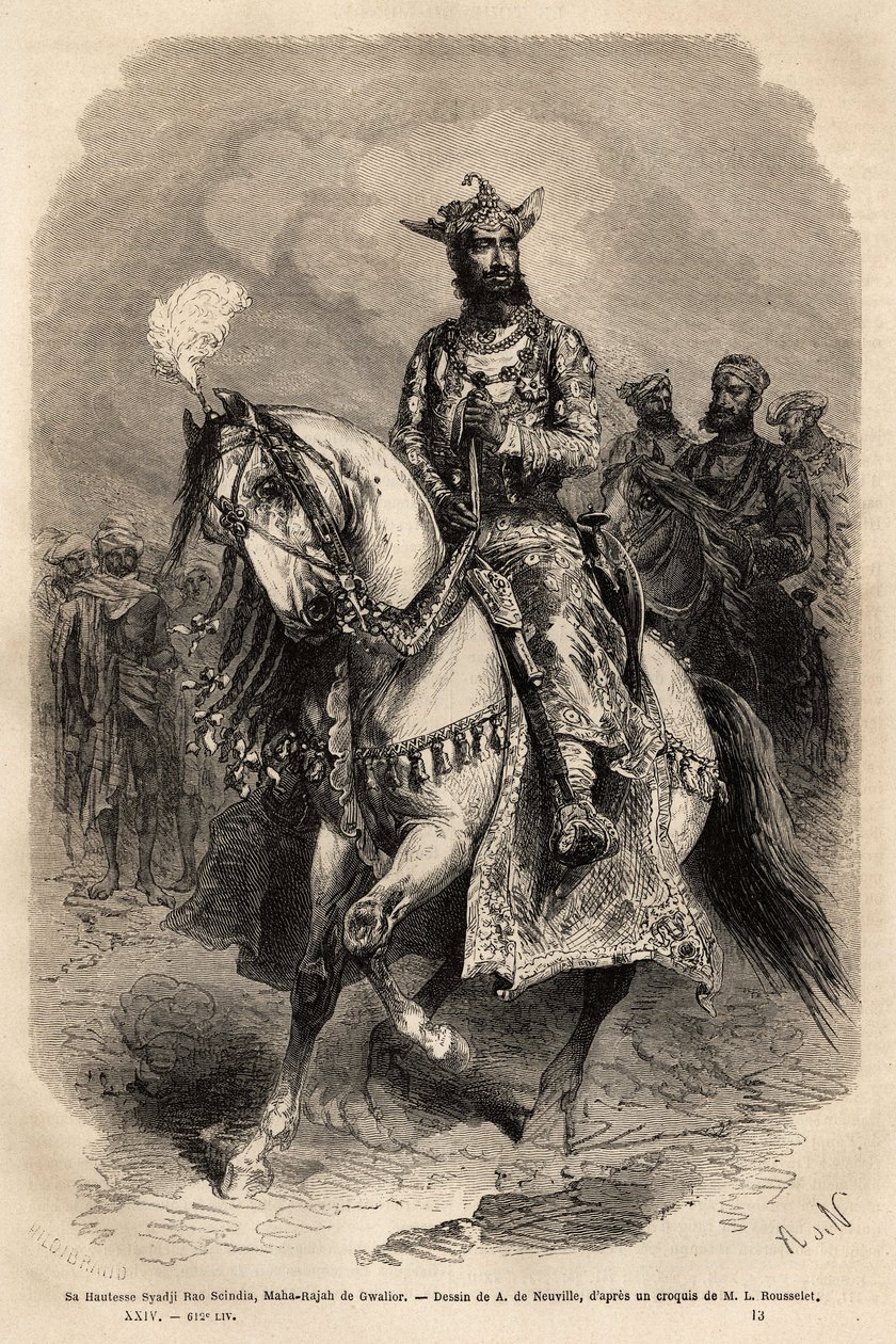 Hänen korkeutensa Syadji Rao Scindia (1846-1886), Gwaliorin maharadža (nykyinen Madhya Pradesh). Kaiverrus rajahien Intian havainnollistamiseksi, Louis Rousselet, 1864-1868, julkaistu "" Le tour du monde""" 1872, toimittanut Edouard Charton, Hachette edi tekijältä Unknown artist