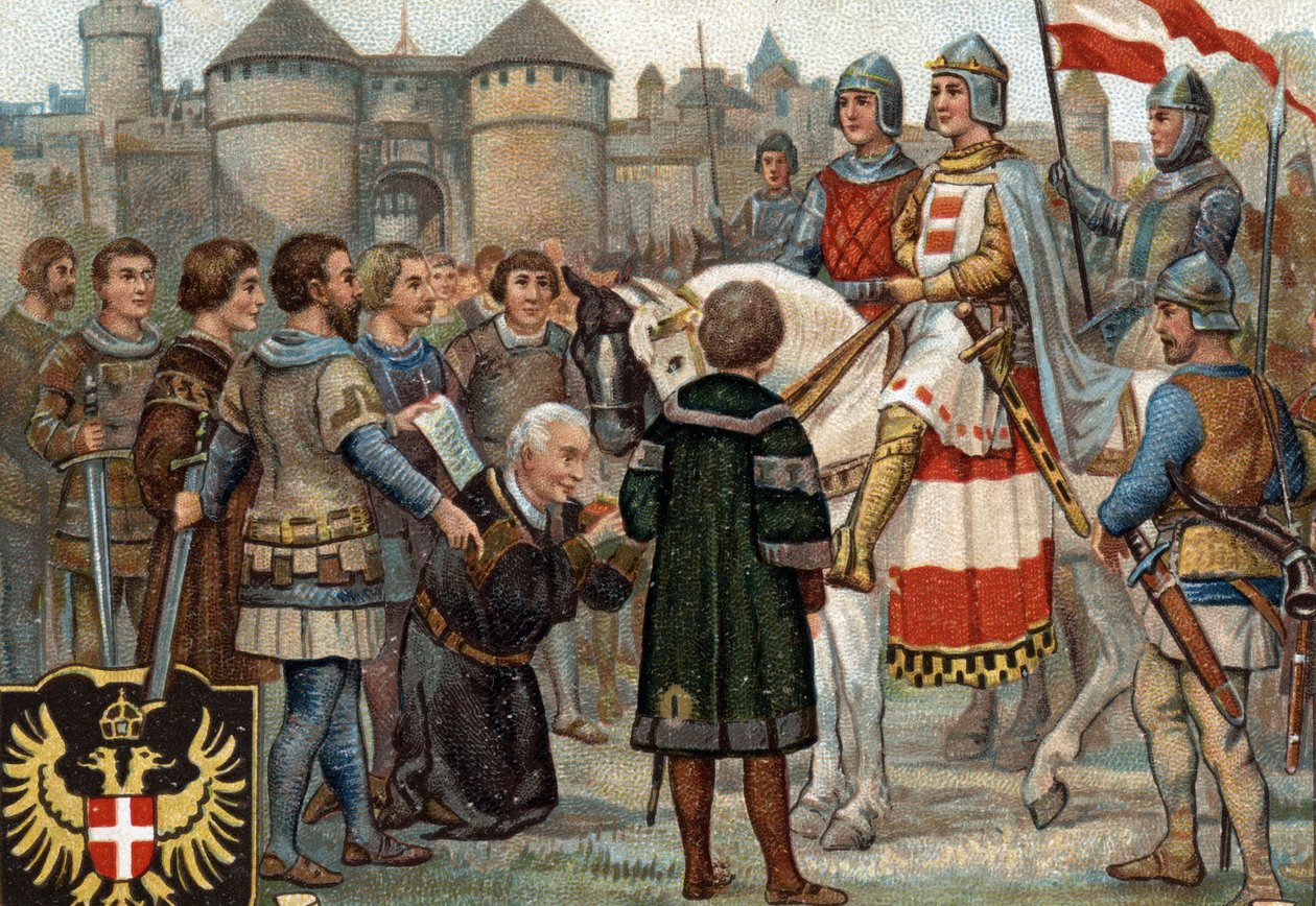 Historiallisia jaksoja kuuluisista kaupungeista: Rudolph of Habsburg (Rodolph I of the Holy Empire 1218-1291) otti Wienin haltuunsa (1276). Rodolf I oli roomalaisten kuningas ja ottamalla Wienin kaupungin haltuunsa hän perusti Habsburgien vallan. Chromol tekijältä Unknown artist